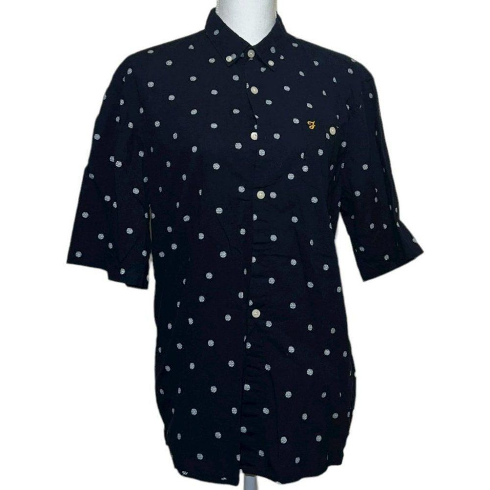 Farah Mens Blue Polka Dots 3/4 Sleeves Button Down Shirt Size L Slim Fit Casual